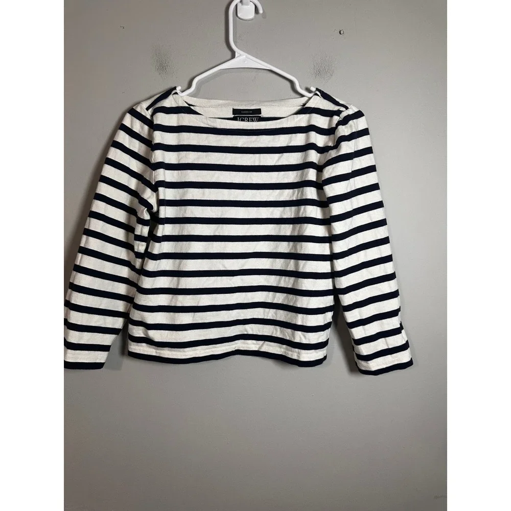 J.Crew Mariner Cloth Boatneck T-Shirt Ivory Navy Blue‎ Stripe Classic Fit XS